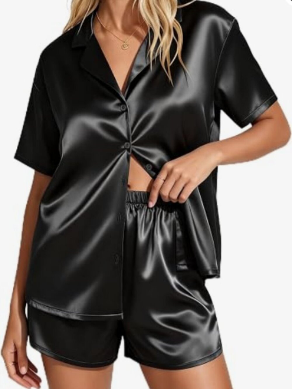 Satin Black Button-Front Sleep Shirt and Shorts Set